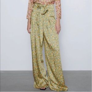 Zara Floral Wide Leg Pants with Waist Tie